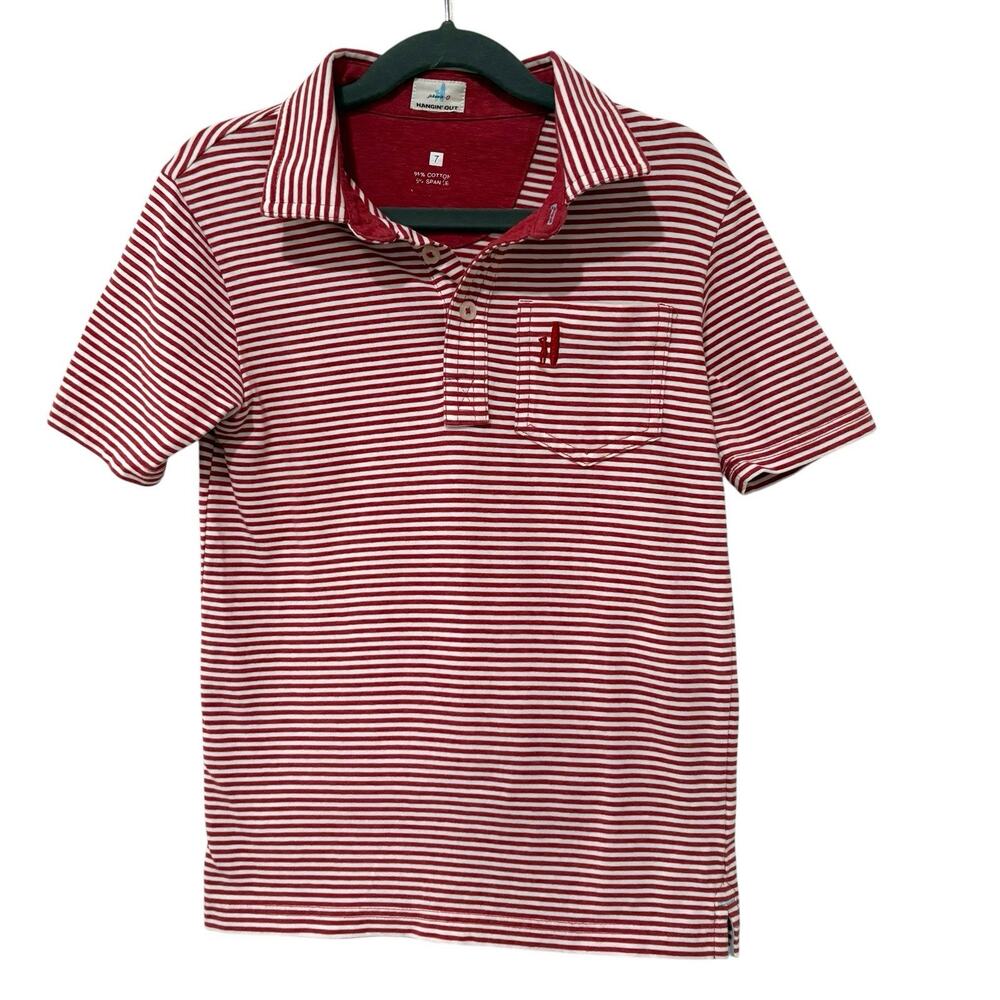 Johnnie O | Boys Polo Shirt Short Sleeve Red White Striped Preppy- Size 7